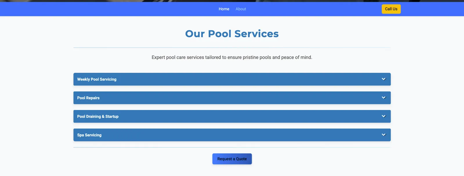 Islands Pool Service page showing the navigation bar, services overview, and a request-a-quote button