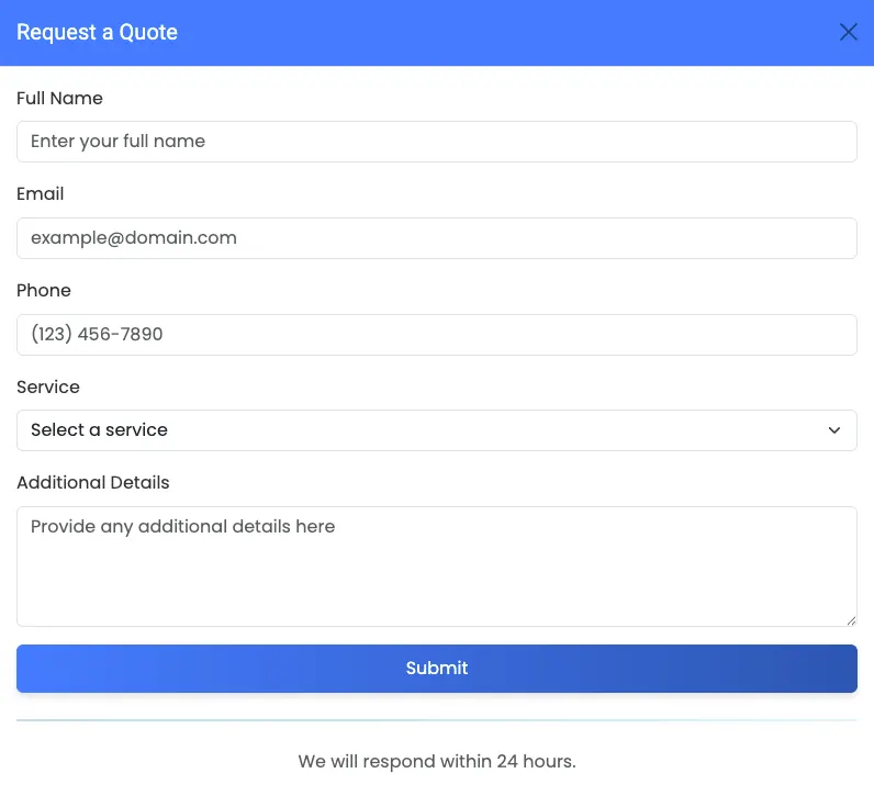Quote request dialog with fields for full name, email, phone, service selection, and additional details