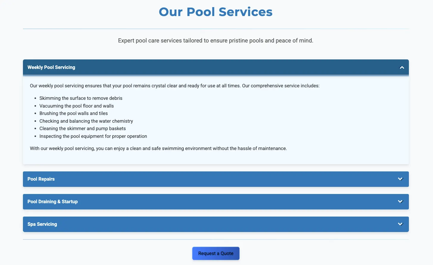 Islands Pool Service services section with the weekly pool servicing panel expanded, listing included tasks