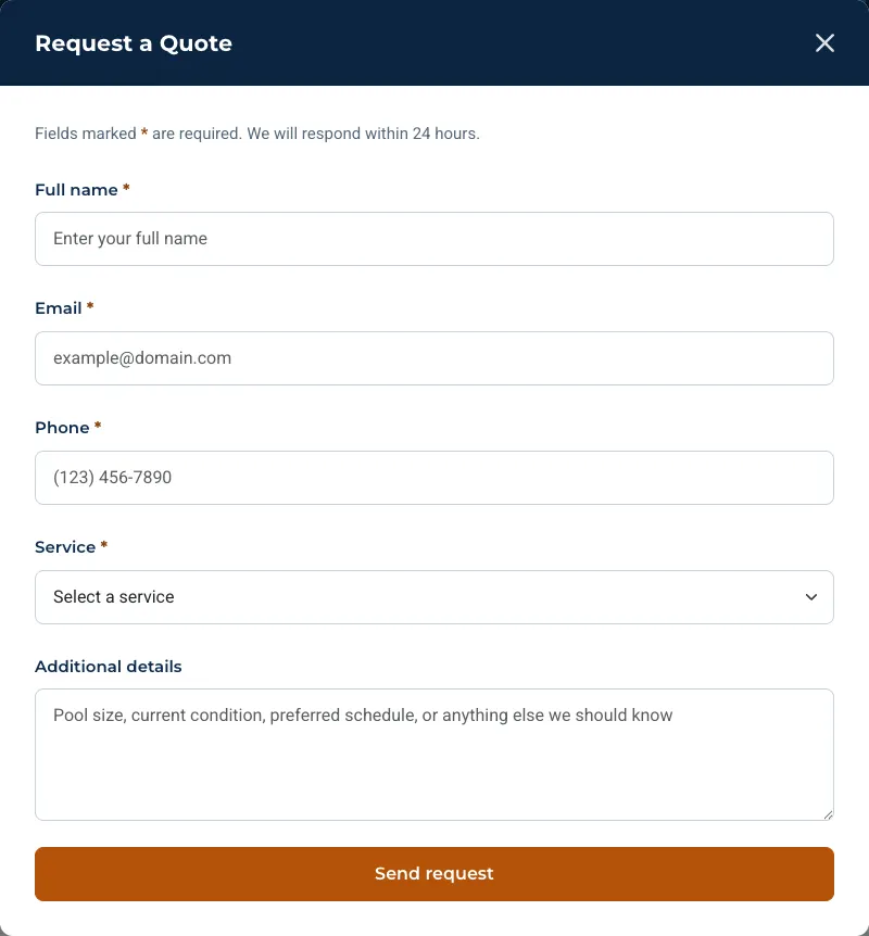 The Request a Quote form, with fields for full name, email, phone, the service needed, and additional details.