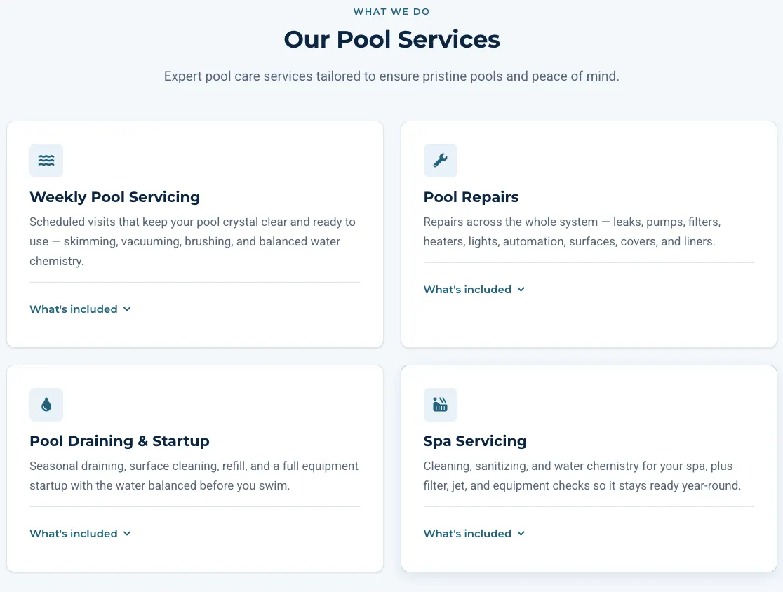 The Our Pool Services section: four cards — weekly pool servicing, pool repairs, pool draining and startup, and spa servicing — each with a What's included control.